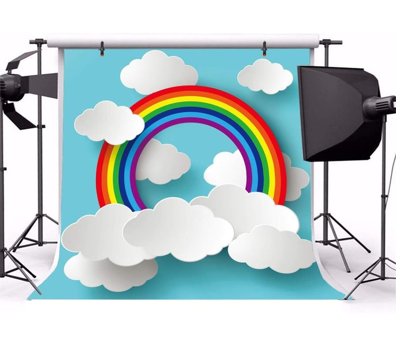 AOFOTO 8x8ft Cartoon Rainbow Clouds on Blue Paper Backdrop for Photography Girl Boy Baby Shower Photo Booth Kids Children Birthday Party Decoration Wallpaper Photo Studio Props - Image 4